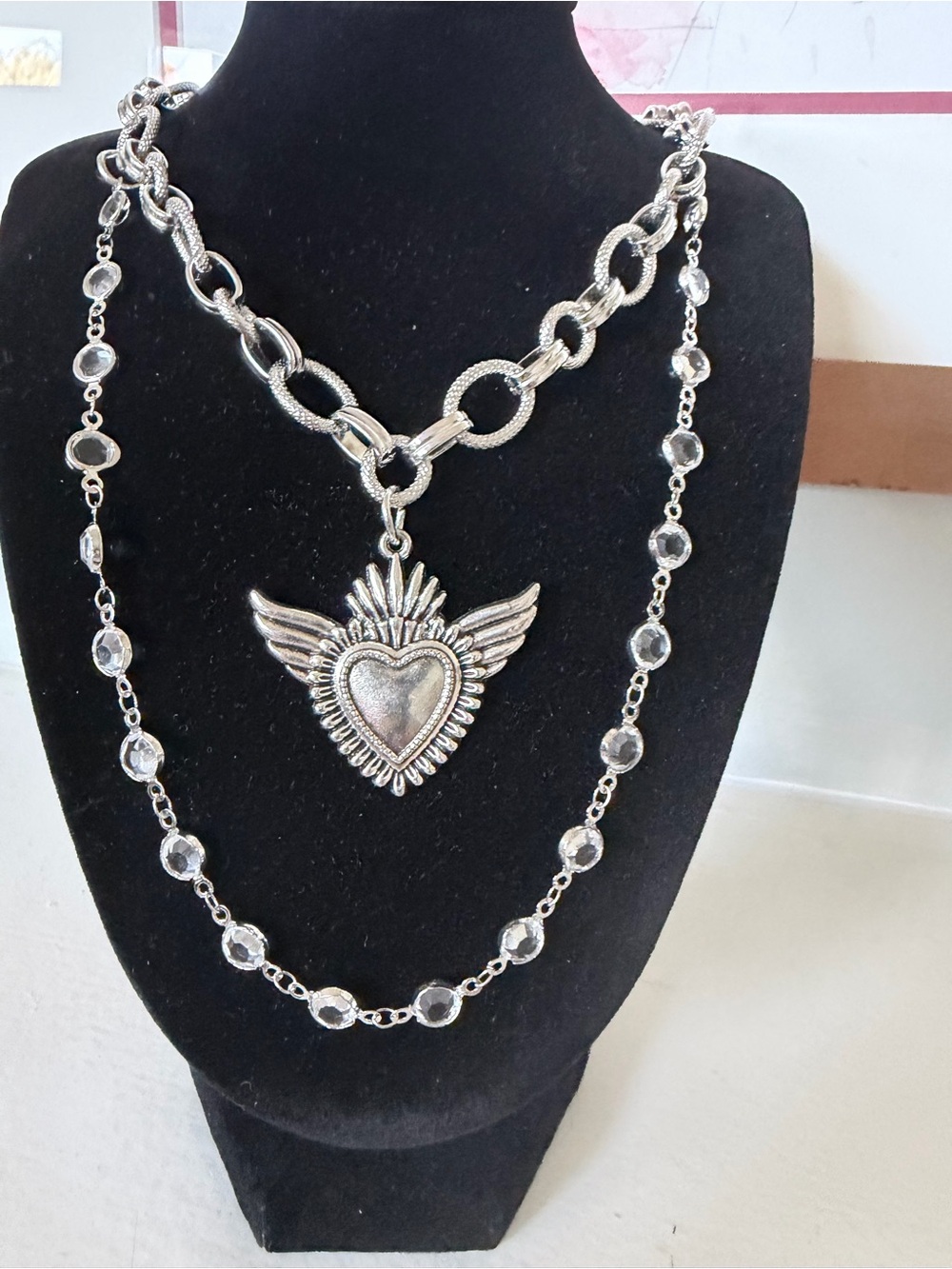 Layered Silver Winged Heart Necklace - Women Jewelry
